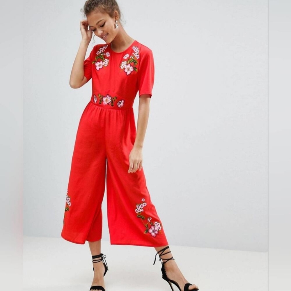 ASOS Women's Red Floral Embroidered Boho Tea Cropped Jumpsuit Size 18 Plus Size
